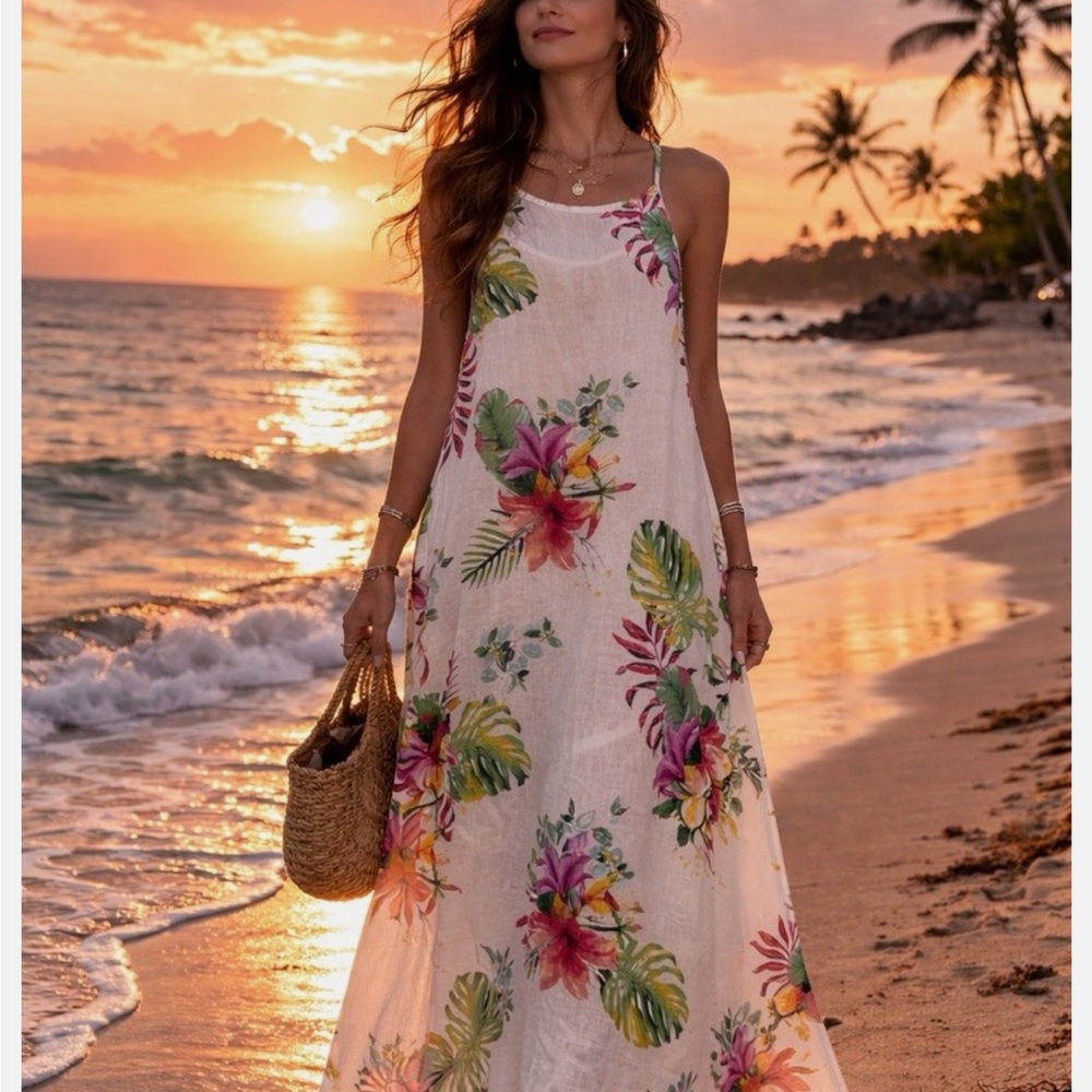 Linen beach SM Maxi dress Cover-Up - White Pink & Green Floral C3